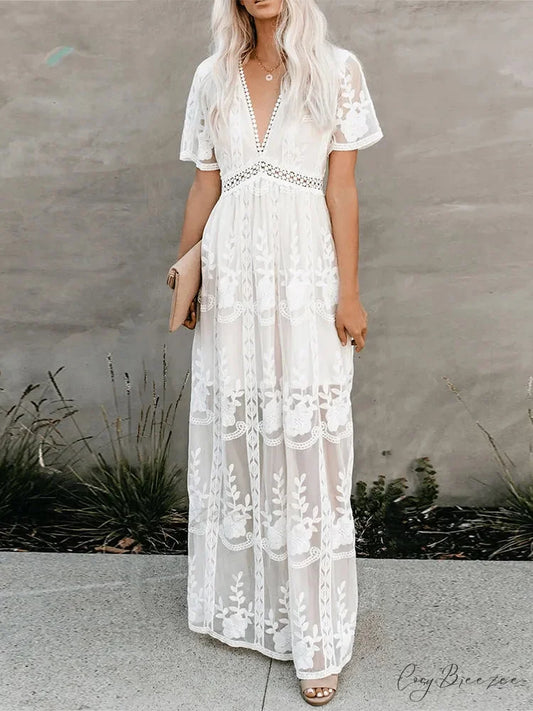 Loose Embroidery White Lace Maxi Boho Dress WHITE / S
