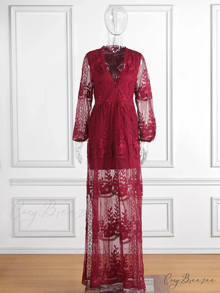 Loose Embroidery White Lace Maxi Boho Dress Winered / S
