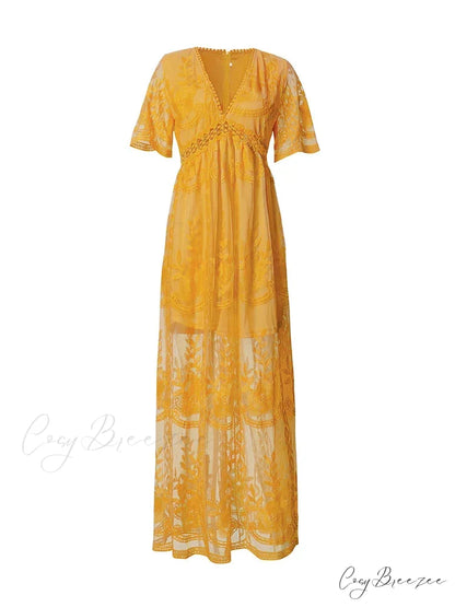 Loose Embroidery White Lace Maxi Boho Dress Yelow / S
