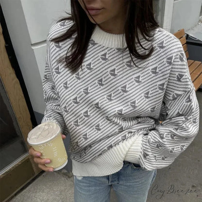 Loose Fashion Printed Long Sleeve Sweater Grey / S swraters-241228