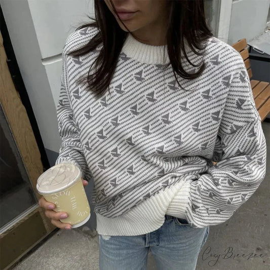 Loose Fashion Printed Long Sleeve Sweater Grey / S swraters-241228