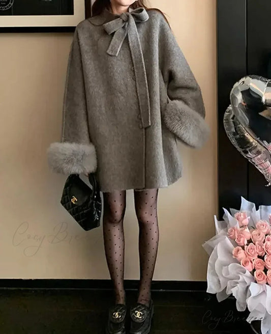 Loose Fit Woolen Cloak Tweed Coat gray / S overcoats-241228