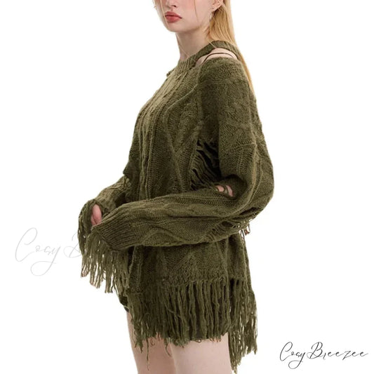 Loose Fitting Torn Knit Sweater green / S swraters-241228