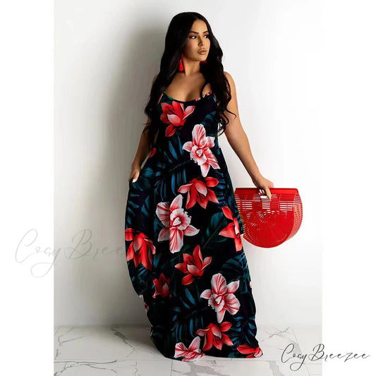 Loose Floral Print Slip Dress Long Skirt Floral Dress honghua-lancao / S floraldress-250126