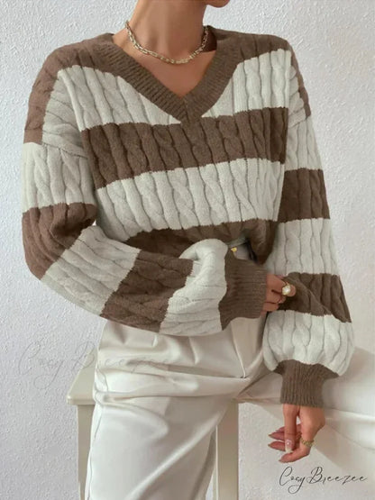 Loose Knit V-neck Vintage Pullover Sweater Khaki / S swraters-241228