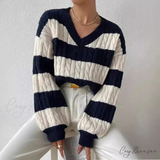 Loose Knit V-neck Vintage Pullover Sweater Navy Blue / S swraters-241228
