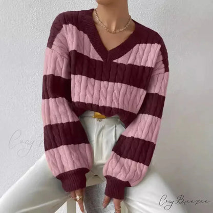 Loose Knit V-neck Vintage Pullover Sweater PURPLE / S swraters-241228