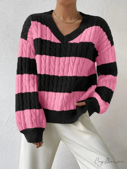 Loose Knit V-neck Vintage Pullover Sweater Rose Red / S swraters-241228