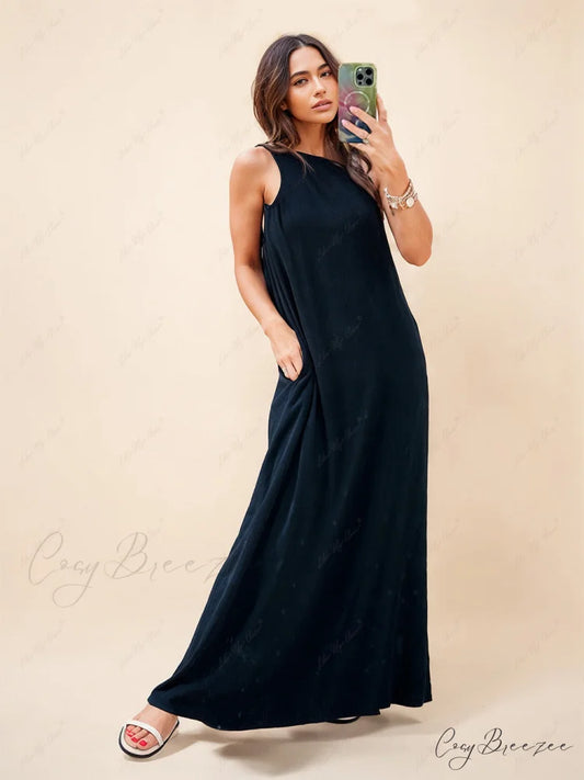 Loose One-Shoulder Sleeve Charming Pleated Pocket Dress Black / S