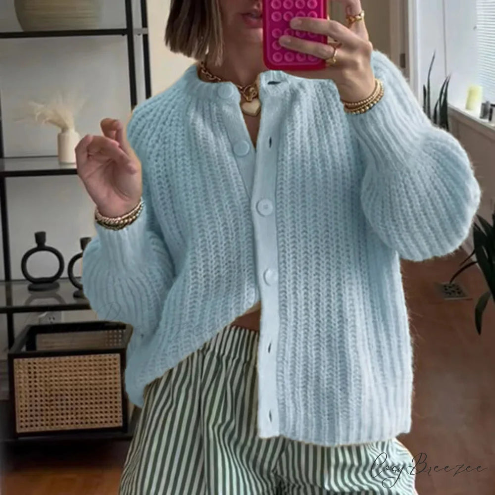 Loose Plain Crew Neck Button Cardigan cardigans-241228