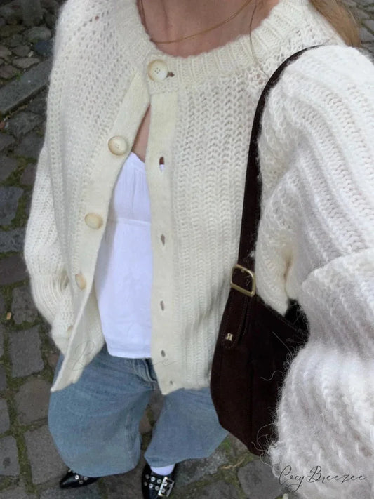 Loose Plain Crew Neck Button Cardigan cardigans-241228