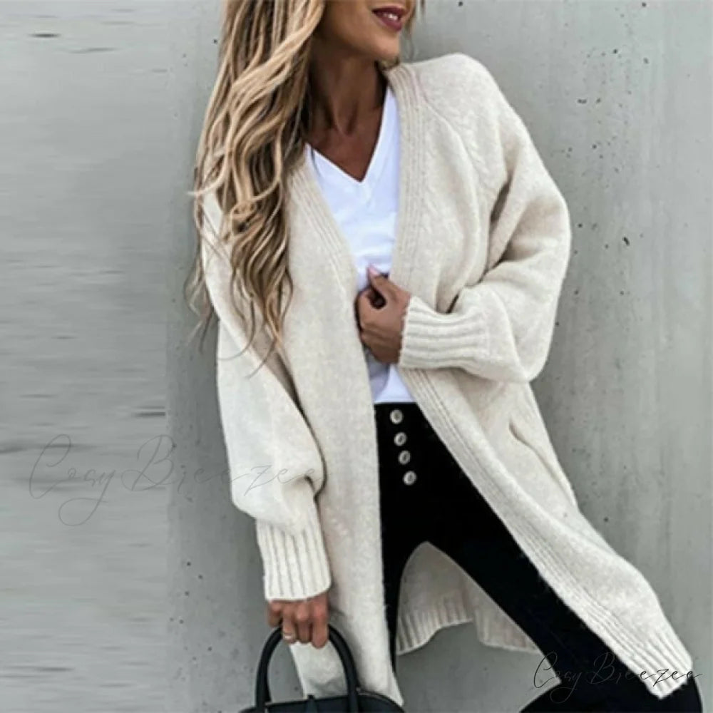 Loose Solid Casual Cardigan Beige / S
