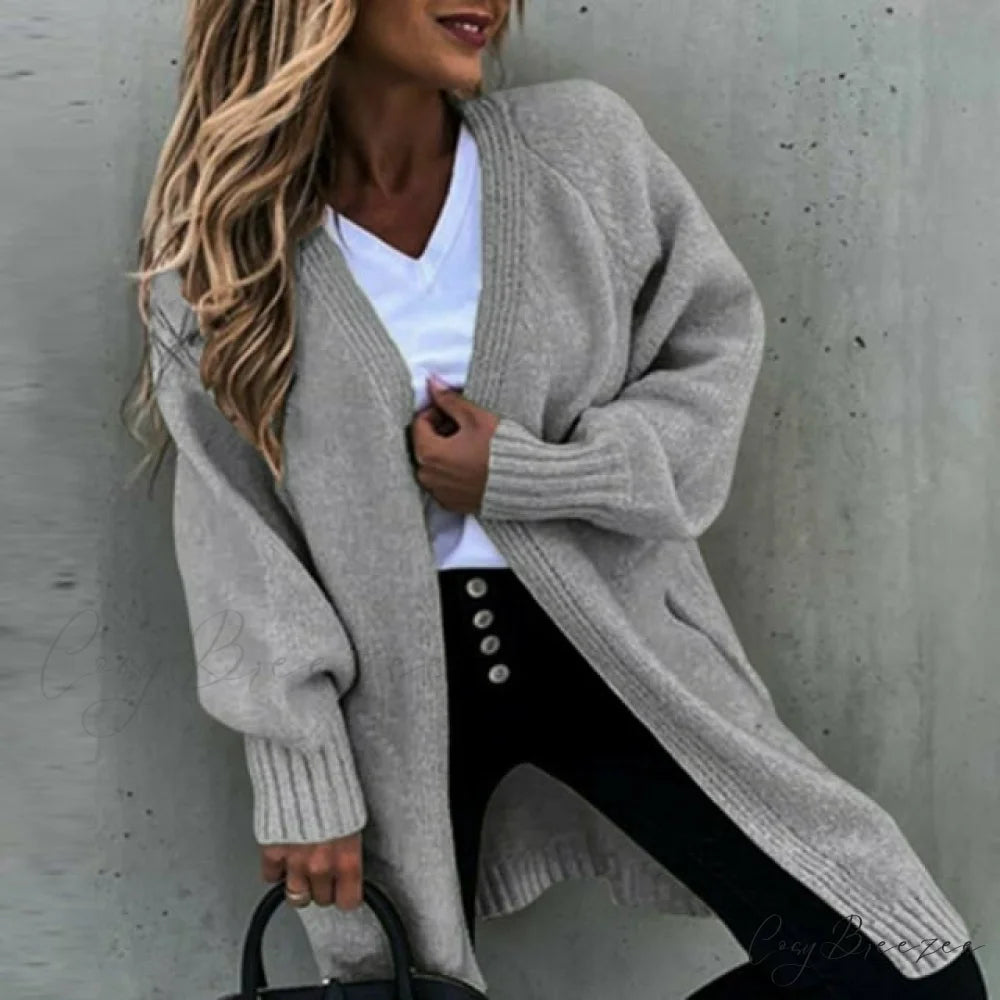 Loose Solid Casual Cardigan Gray / S