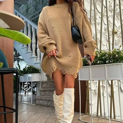 Loose Solid Ripped Round Neck Sweater Khaki / One Size swraters-241228