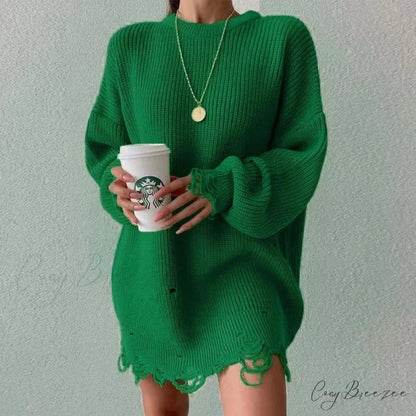 Loose Solid Ripped Round Neck Sweater swraters-241228