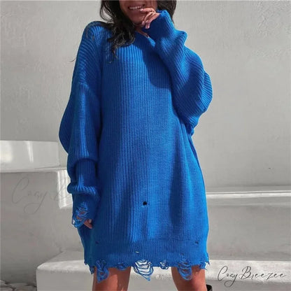 Loose Solid Ripped Round Neck Sweater swraters-241228