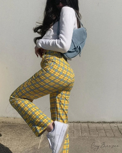 Loose Spacious Patchwork Pull-Tie Jogger Pant YELLOW CHECK / S pant-250223