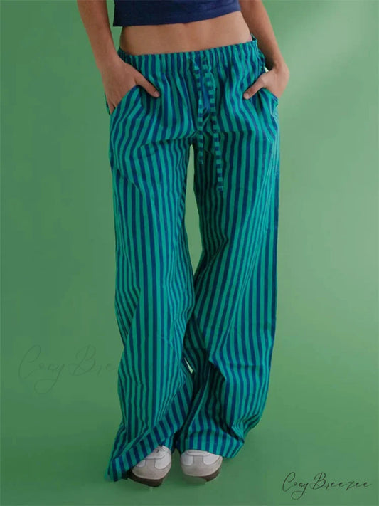 Loose Striped Drawstring Wide Leg Pocket Pant pant-250223