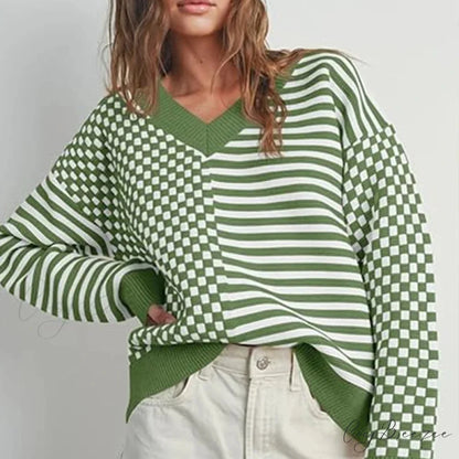 Loose Striped Plaid Casual Long Sleeve Cute Retro Chic Green Christmas Sweater
