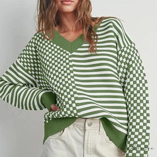 Loose Striped Plaid Casual Long Sleeve Cute Retro Chic Green Christmas Sweater