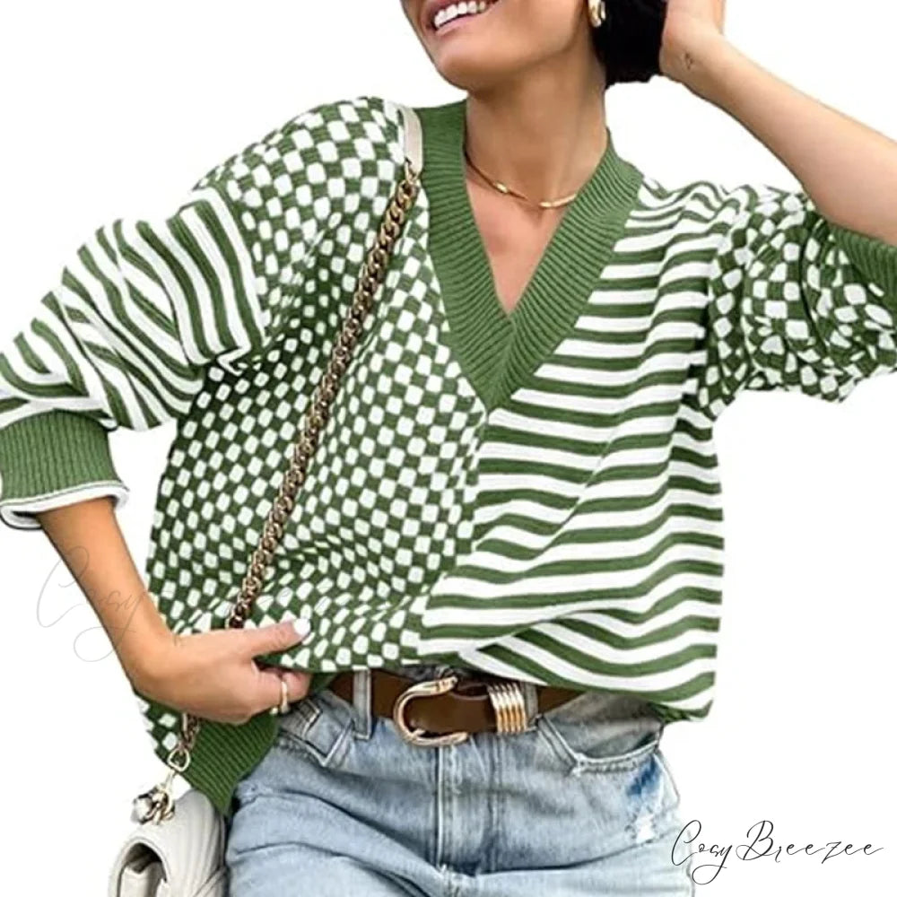 Loose Striped Plaid Casual Long Sleeve Cute Retro Chic Green Christmas Sweater