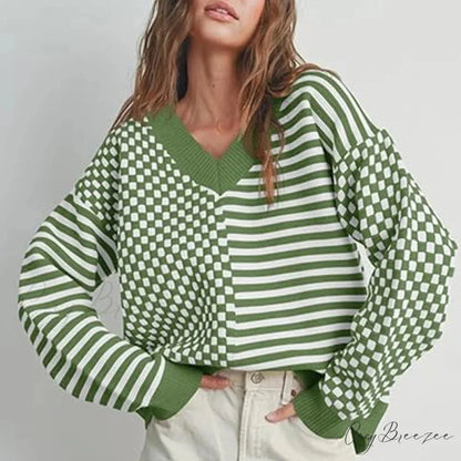 Loose Striped Plaid Casual Long Sleeve Cute Retro Chic Green Christmas Sweater
