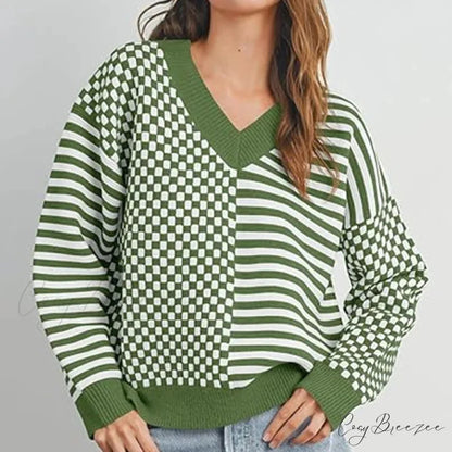 Loose Striped Plaid Casual Long Sleeve Cute Retro Chic Green Christmas Sweater green / S