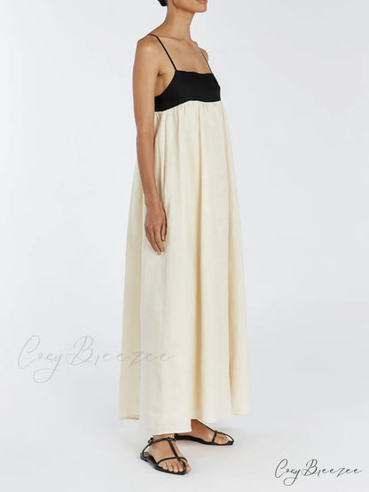 Loose Suspender Black And Graceful White Patchwork Maxi Dress