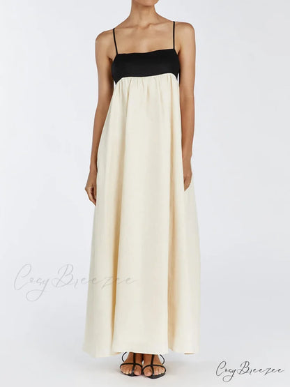 Loose Suspender Black And Graceful White Patchwork Maxi Dress Ivory / S