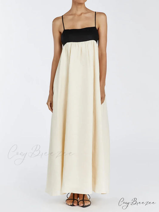 Loose Suspender Black And Graceful White Patchwork Maxi Dress Ivory / S