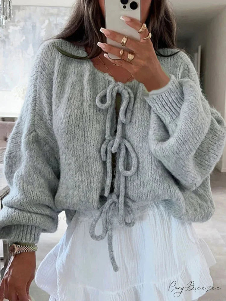 Loose V-Neck Tie Front Knit Cardigan cardigans-241228