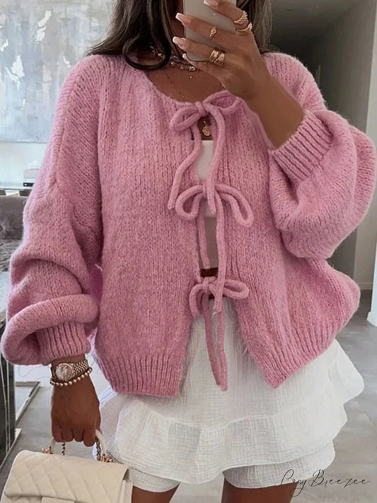 Loose V-Neck Tie Front Knit Cardigan pink / S cardigans-241228
