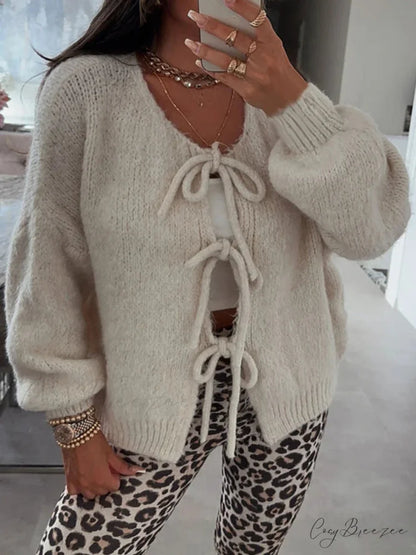 Loose V-Neck Tie Front Knit Cardigan white / S cardigans-241228