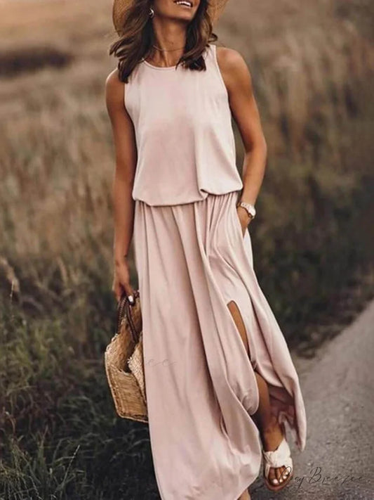 Loose Waisted Round Charming Neck Sleeveless Slit Dress Khaki / S