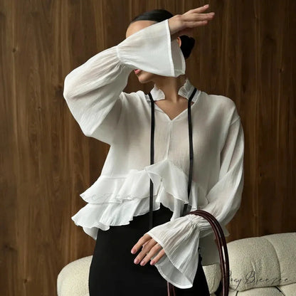 Loose White Frilled Shirt blouse-250223