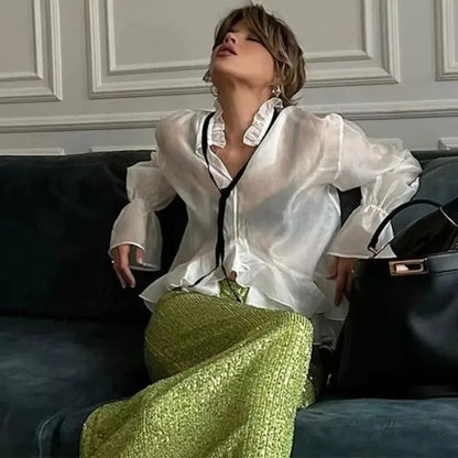 Loose White Frilled Shirt blouse-250223