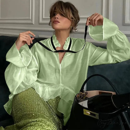 Loose White Frilled Shirt Green / S blouse-250223