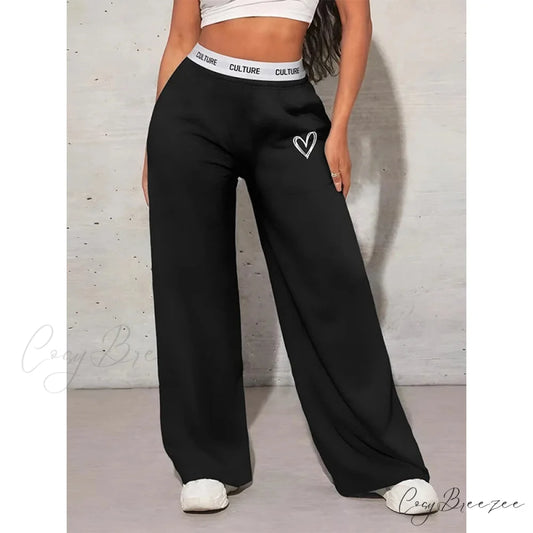Love Print Casual Wide Leg Pants Black / XS pants-241228