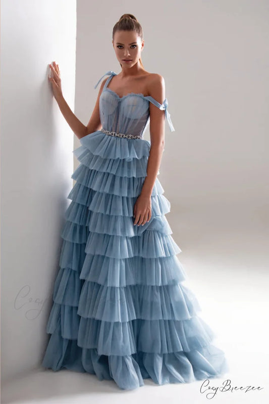 Love Stays True Trendy Frill-Layered Tulle Maxi Dress Blue / 2