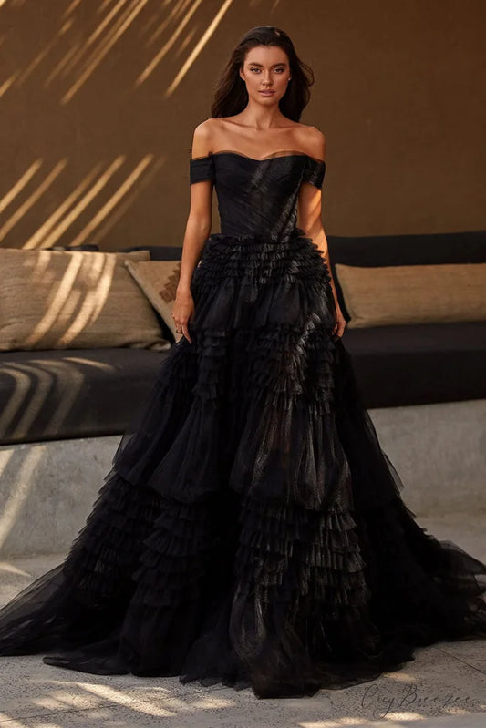 Love You So Trendy Off-The-Shoulder Frill-Layered Maxi Dress Black / 2
