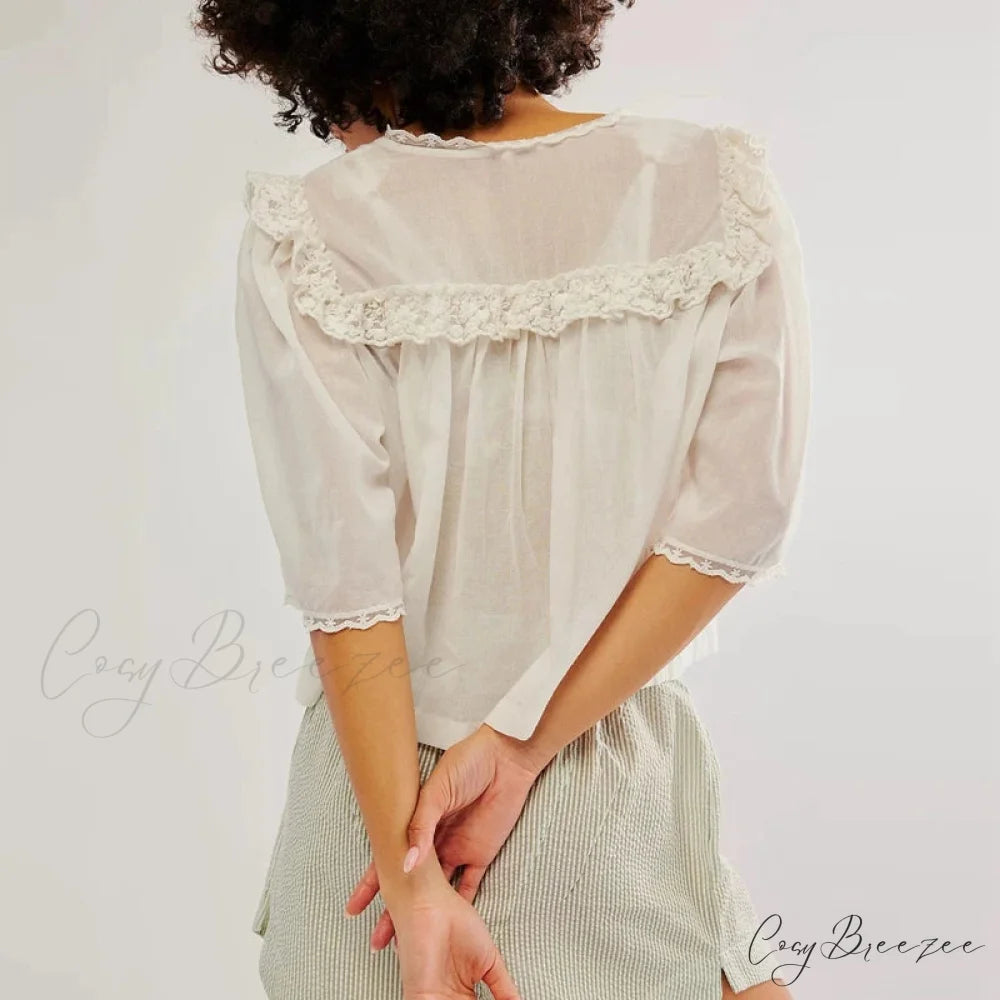 Low Cut Chiffon Frilled Lace Trim Blouse blouse-250223