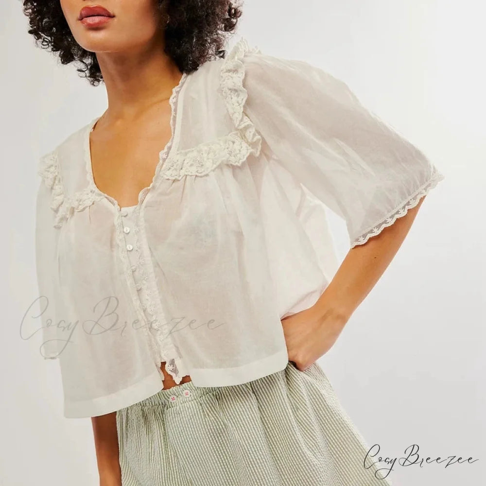 Low Cut Chiffon Frilled Lace Trim Blouse blouse-250223