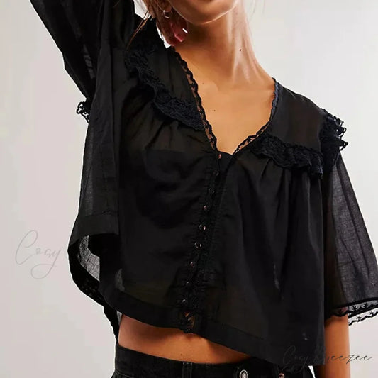 Low Cut Chiffon Frilled Lace Trim Blouse Black / XS blouse-250223