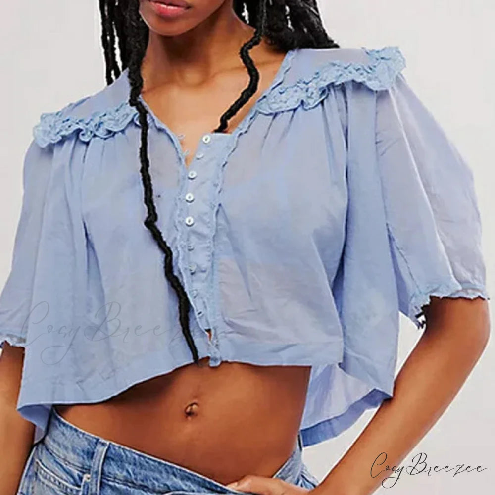 Low Cut Chiffon Frilled Lace Trim Blouse Blue / XS blouse-250223
