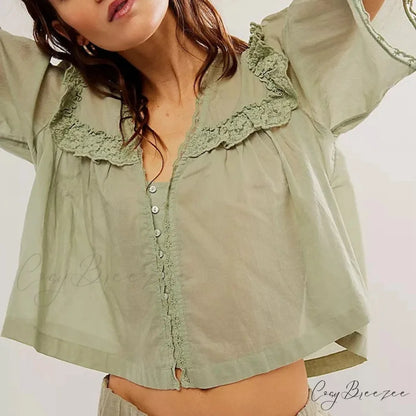 Low Cut Chiffon Frilled Lace Trim Blouse Cyan / XS blouse-250223