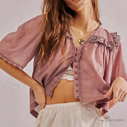 Low Cut Chiffon Frilled Lace Trim Blouse Lotus root color / XS blouse-250223