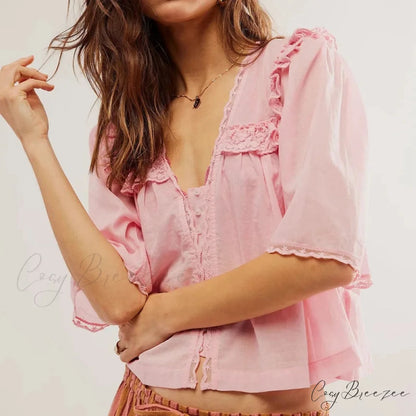 Low Cut Chiffon Frilled Lace Trim Blouse Pink / XS blouse-250223