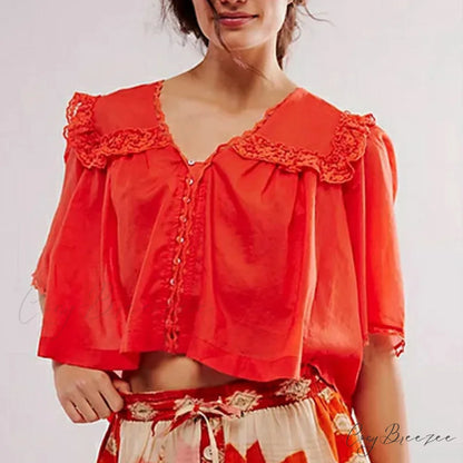 Low Cut Chiffon Frilled Lace Trim Blouse Red / XS blouse-250223