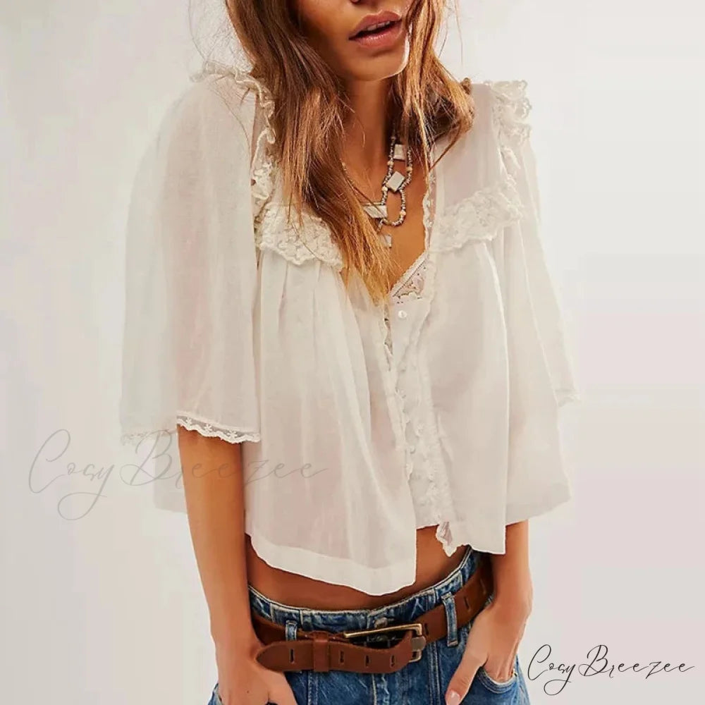 Low Cut Chiffon Frilled Lace Trim Blouse WHITE / XS blouse-250223