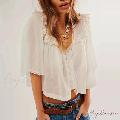 Low Cut Chiffon Frilled Lace Trim Blouse WHITE / XS blouse-250223